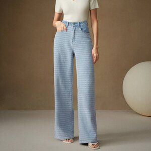 Blue Casual Women's Jacquard Weave Wide Leg Loose Fit Jeans